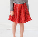 Load image into Gallery viewer, Girls Red Sequin Skirt with Built-In Shorts
