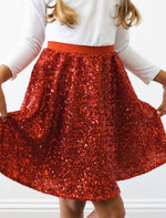 Load image into Gallery viewer, Girls Red Sequin Skirt with Built-In Shorts
