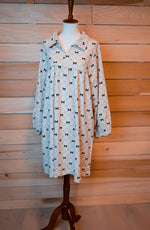 Load image into Gallery viewer, Cream with Black Bow Print Tiered Corduroy Dress
