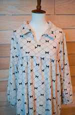 Load image into Gallery viewer, Cream with Black Bow Print Tiered Corduroy Dress
