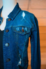 Load image into Gallery viewer, Dark Wash Distressed Denim Jacket
