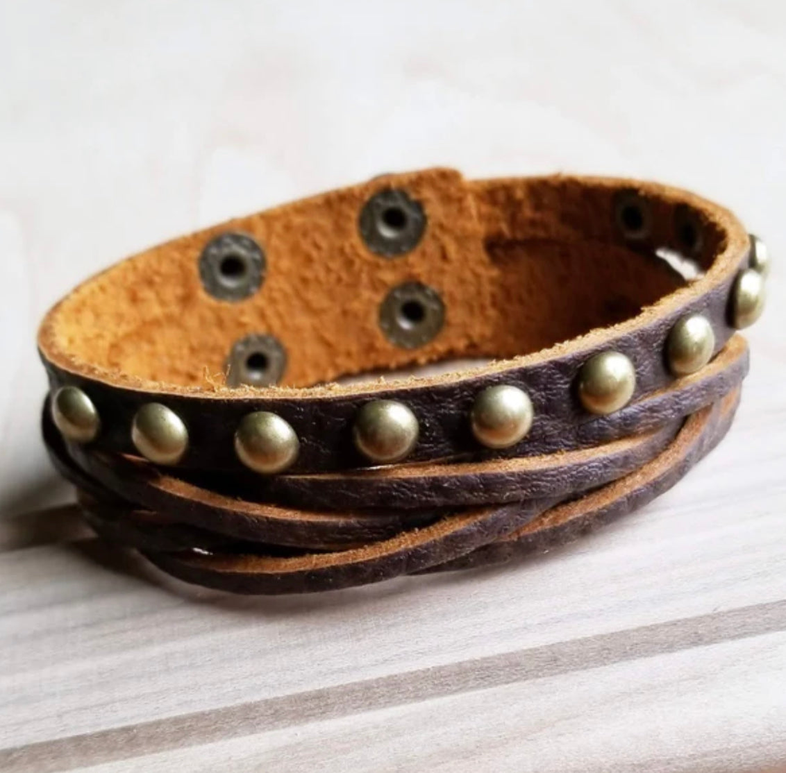 Multi-Strand Leather Cuff with Antique Gold Studs