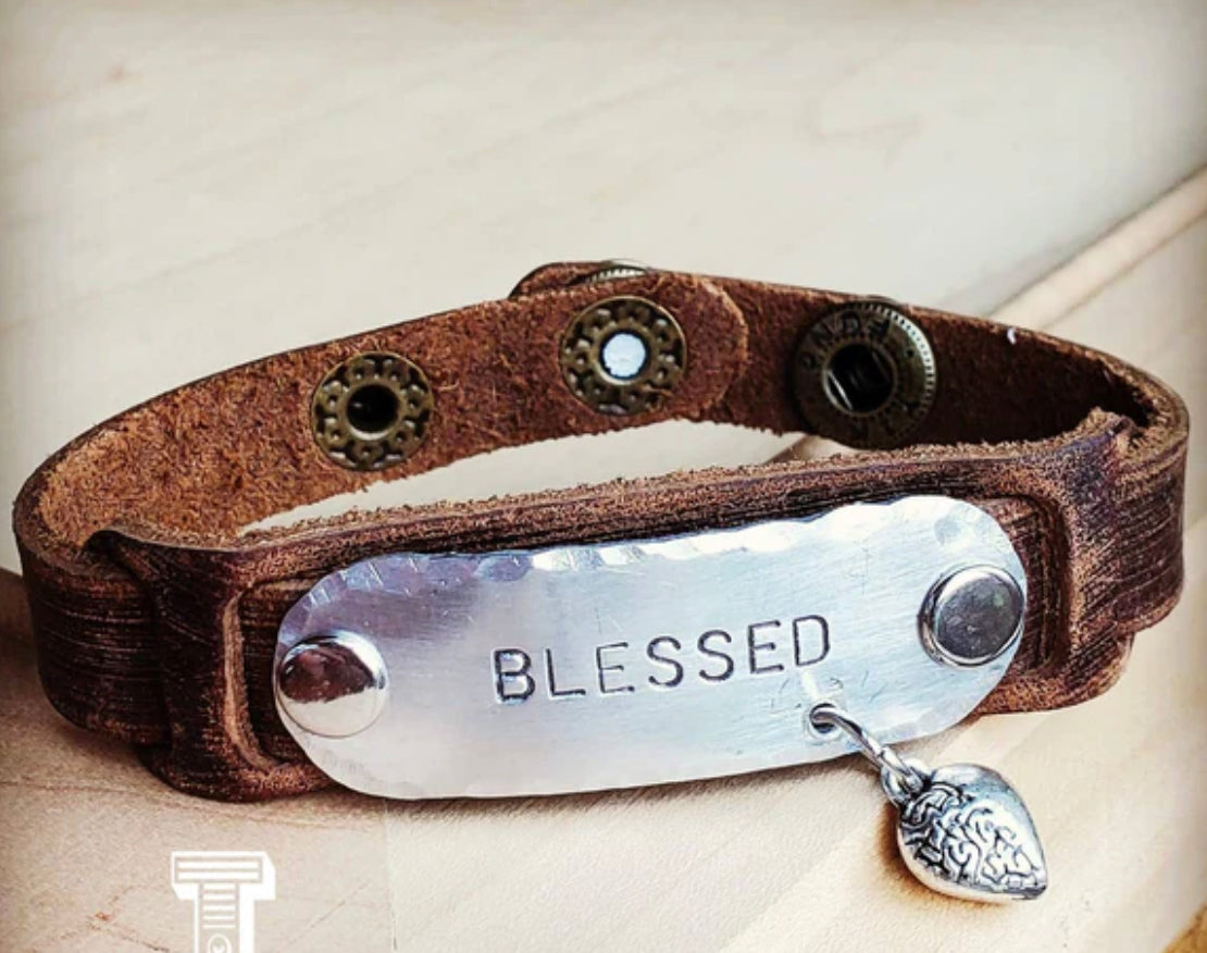 Blessed Hand Stamped Leather Cuff