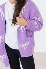 Load image into Gallery viewer, Girls Purple Bow Cardigan Sweater
